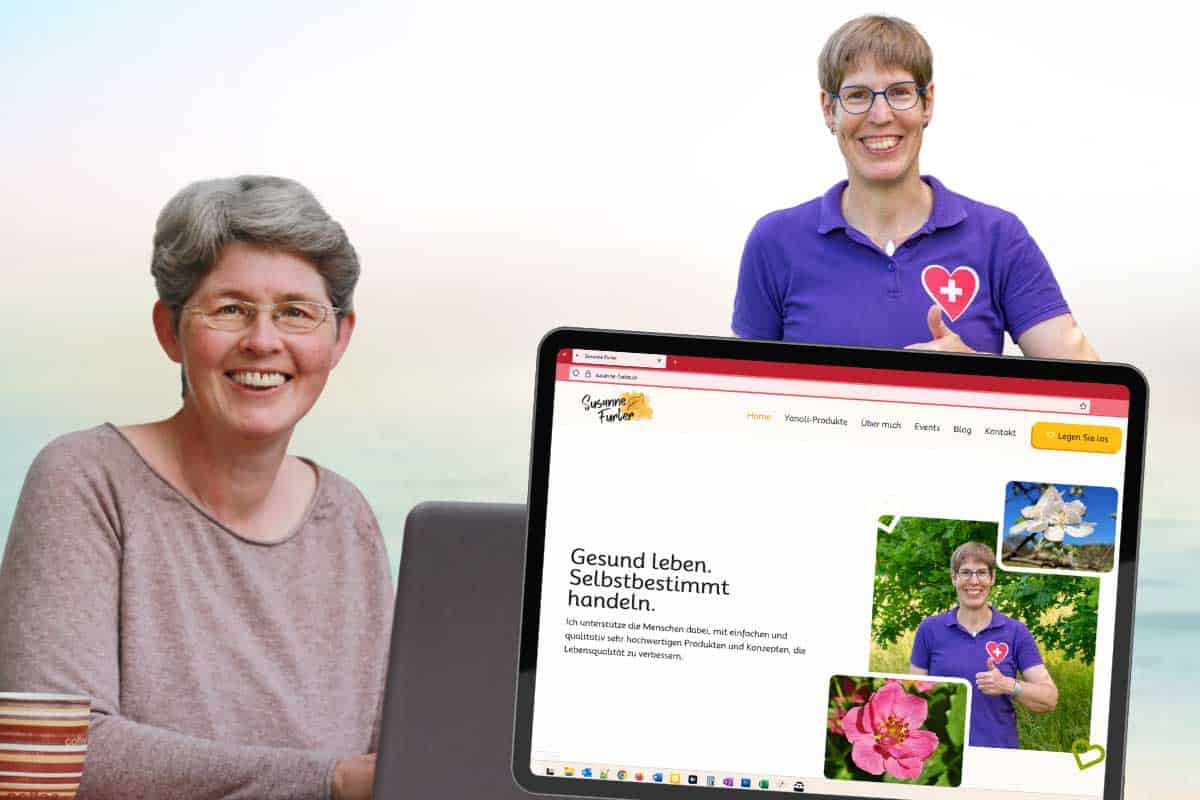 Claudia Barfuss mit Notebook, daneben eine Tablet, dass die Website von Susanne Furler anzeigt. Darüber ein Foto von Susanne Furler.
